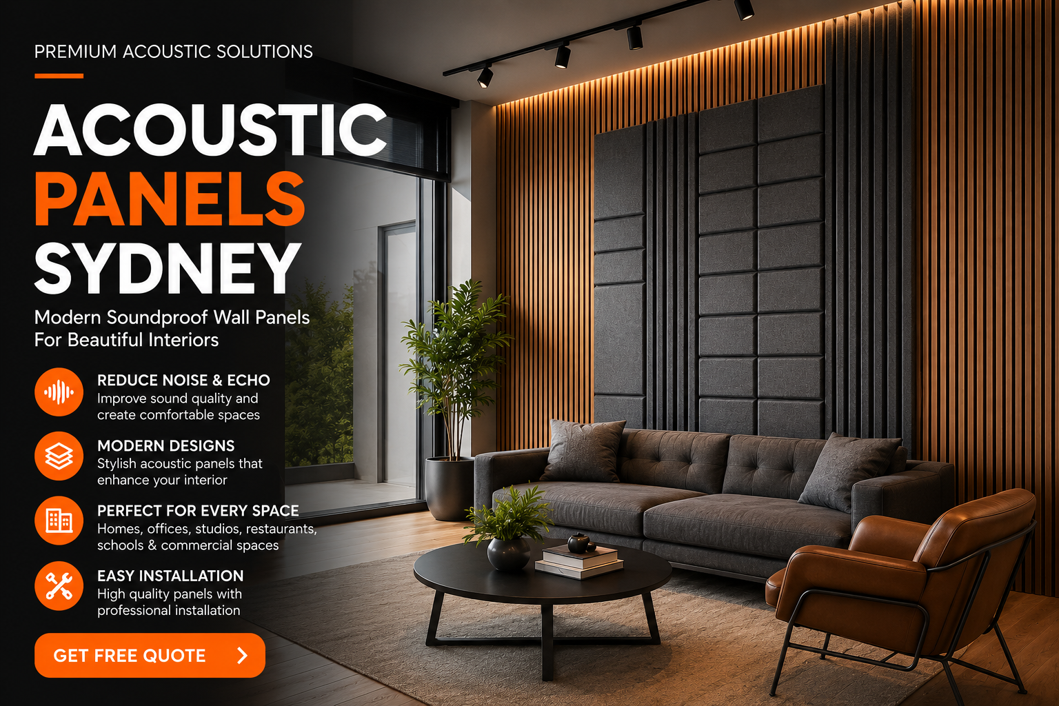 Modern soundproof wall solutions with Acoustic Panels Sydney in dark grey and warm timber slat textures, orange accents and a stylish lounge setup.