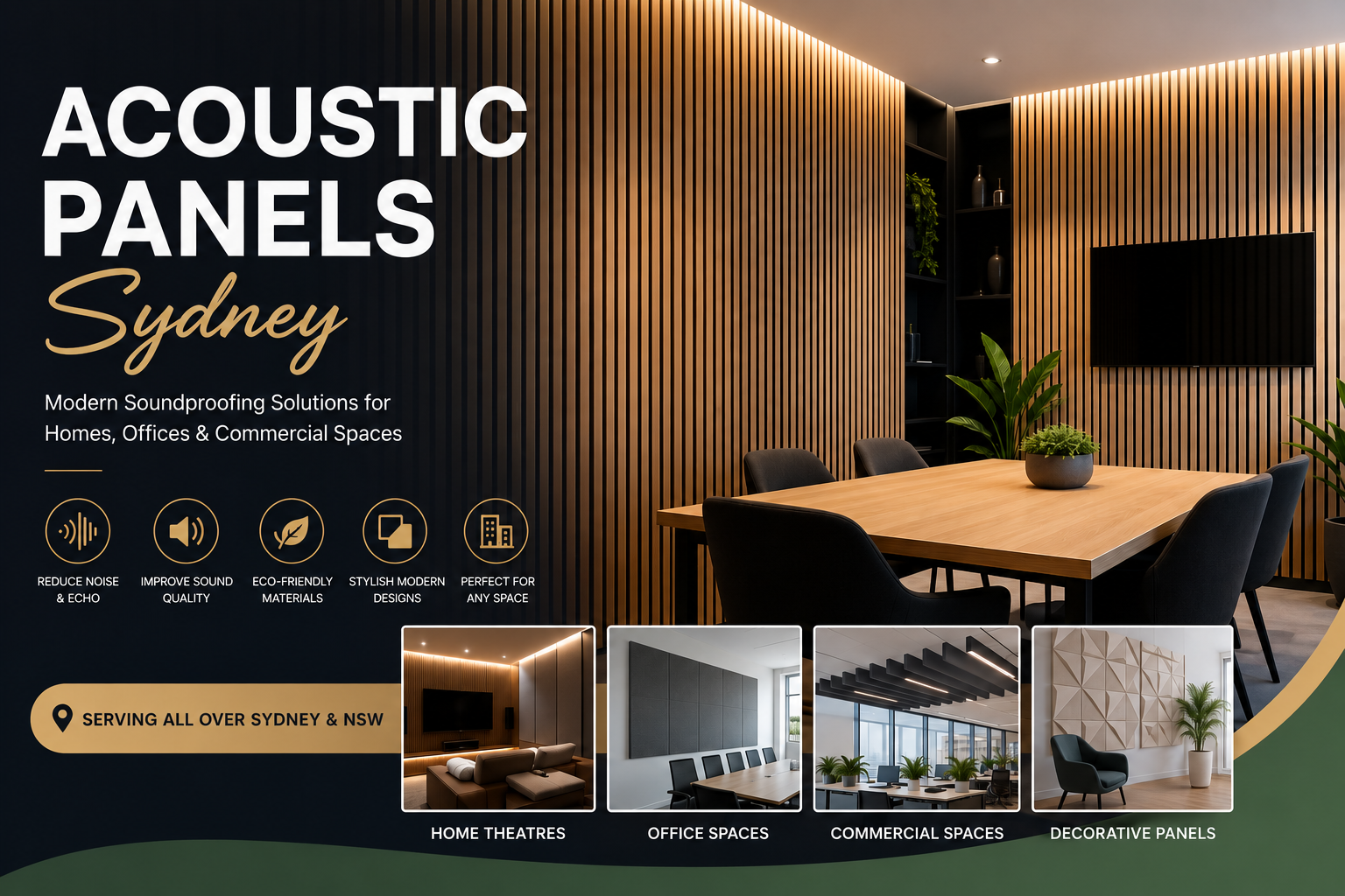 Warm wooden acoustic wall panels with vertical slats in a modern meeting room, supporting soundproofing and echo control for Acoustic Panels Sydney in Sydney.