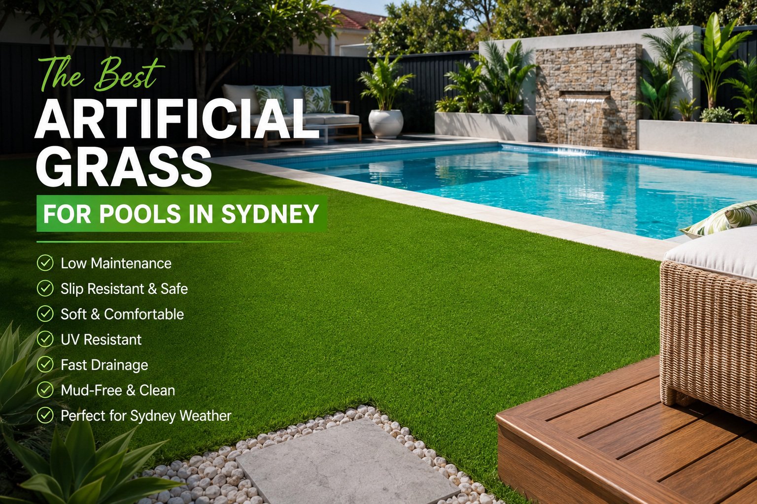 Modern Sydney backyard swimming pool with premium artificial grass landscaping, featuring lush green synthetic turf, luxury outdoor seating, tropical plants, and safe low-maintenance poolside design.