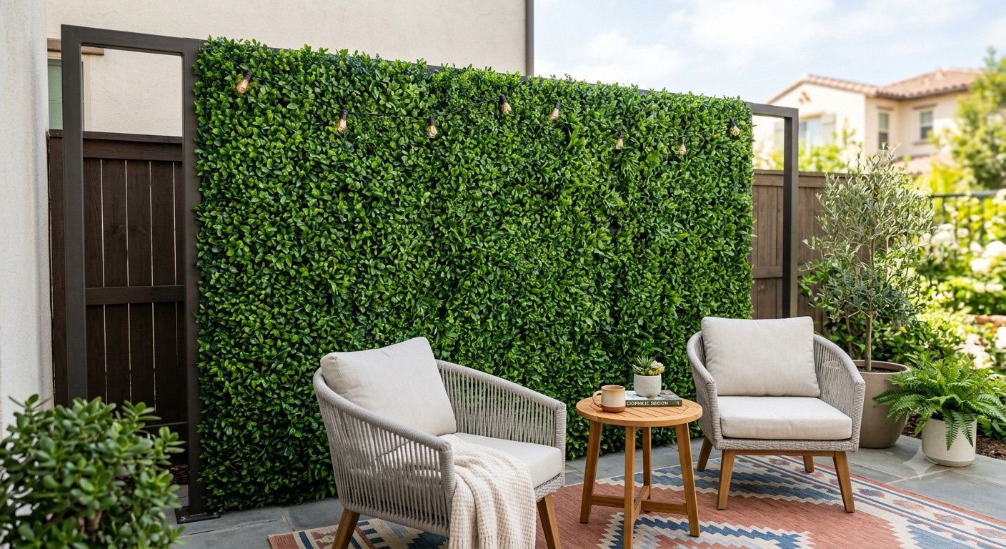 Artificial Wall Hedge Panels 7 A modular artificial hedge panel forms a lush green privacy screen beside patio seating, adding instant greenery outdoors.