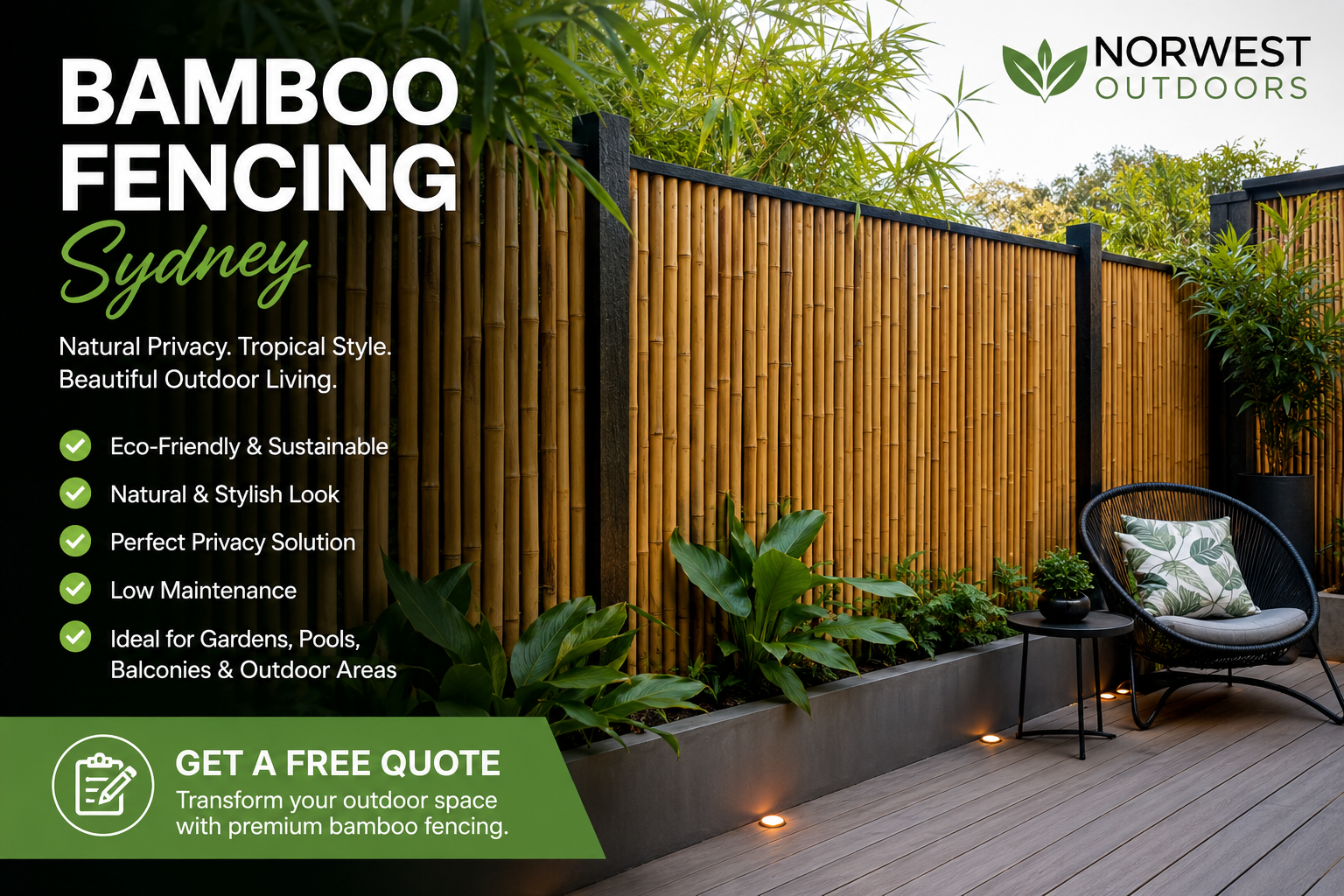 Premium bamboo fencing installation in Sydney featuring natural bamboo privacy screens, tropical garden landscaping, modern outdoor seating area, and eco-friendly fencing design for stylish outdoor living spaces.