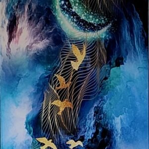 Deep blue celestial marble sheet design shows flowing cosmic textures and gold bird silhouettes across a glossy decorative wall panel surface.