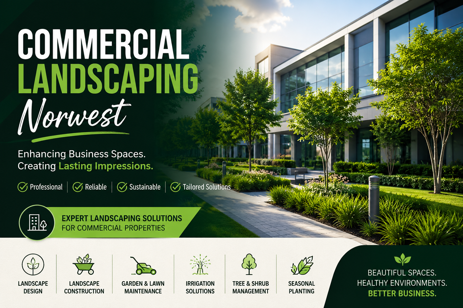 Commercial Landscaping Norwest 2 Modern commercial landscaping in Norwest with manicured lawns, trees, and office building grounds that create a polished business environment for visitors.