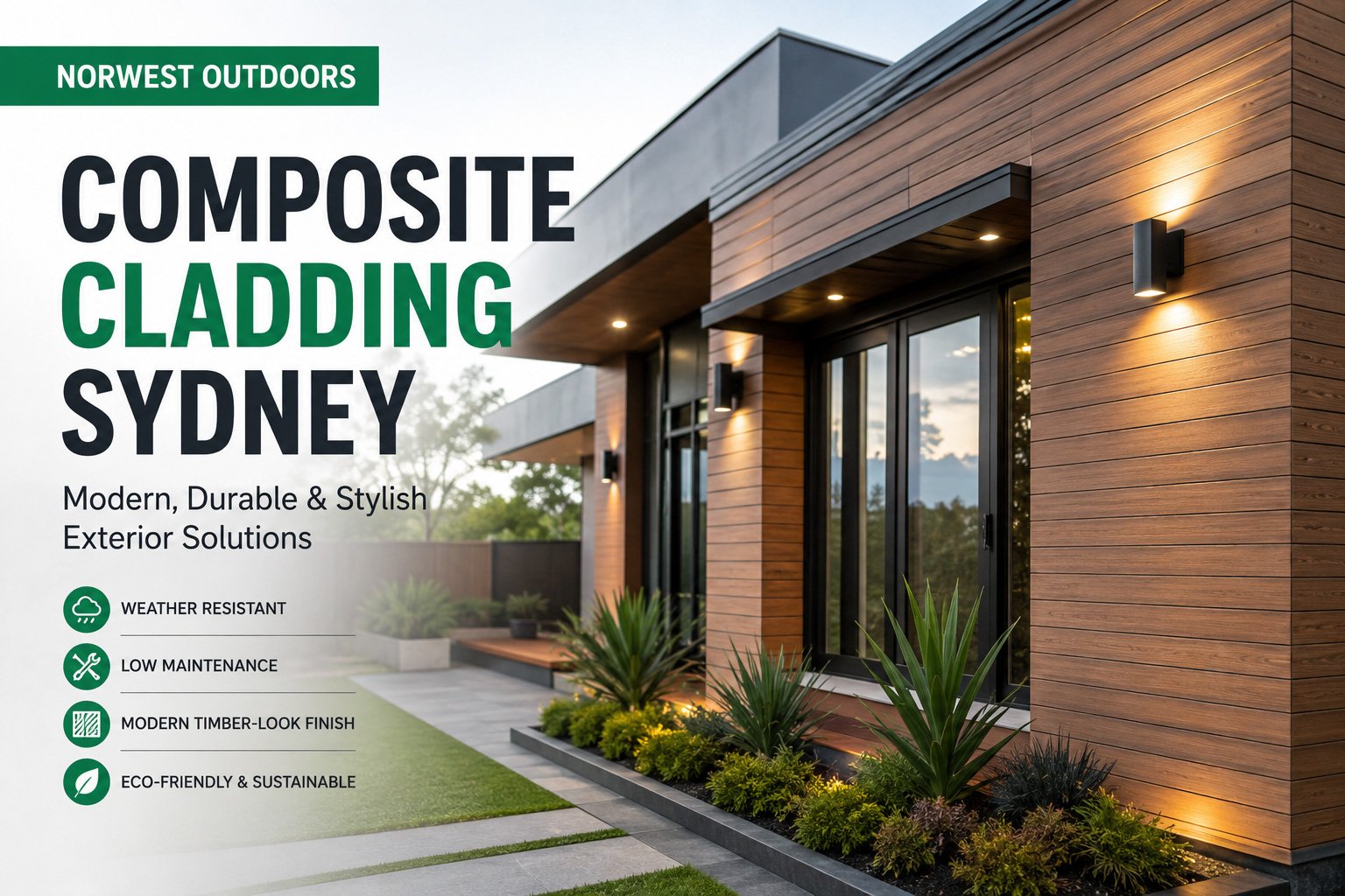 Modern Composite Cladding Sydney timber-look cladding on a sleek exterior wall with weather-resistant, low-maintenance benefits in warm timber tones.