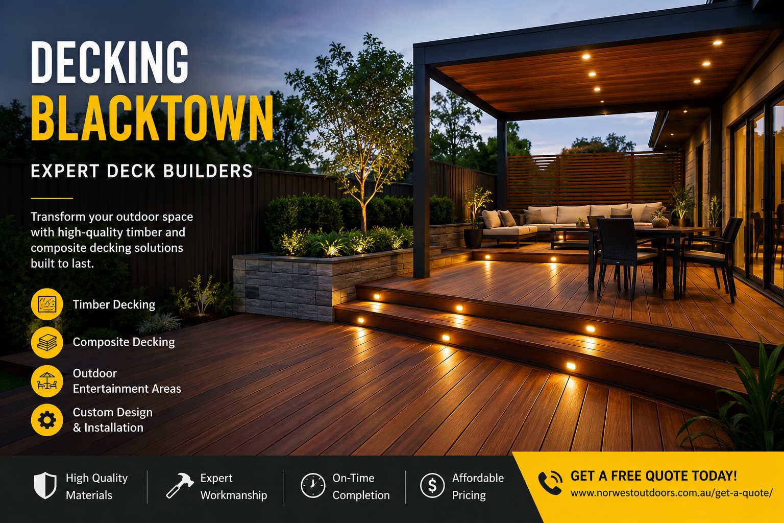 Modern timber decking in Blacktown featuring stylish outdoor entertainment area with pergola lighting, composite deck flooring, and professional deck builder services in Sydney.