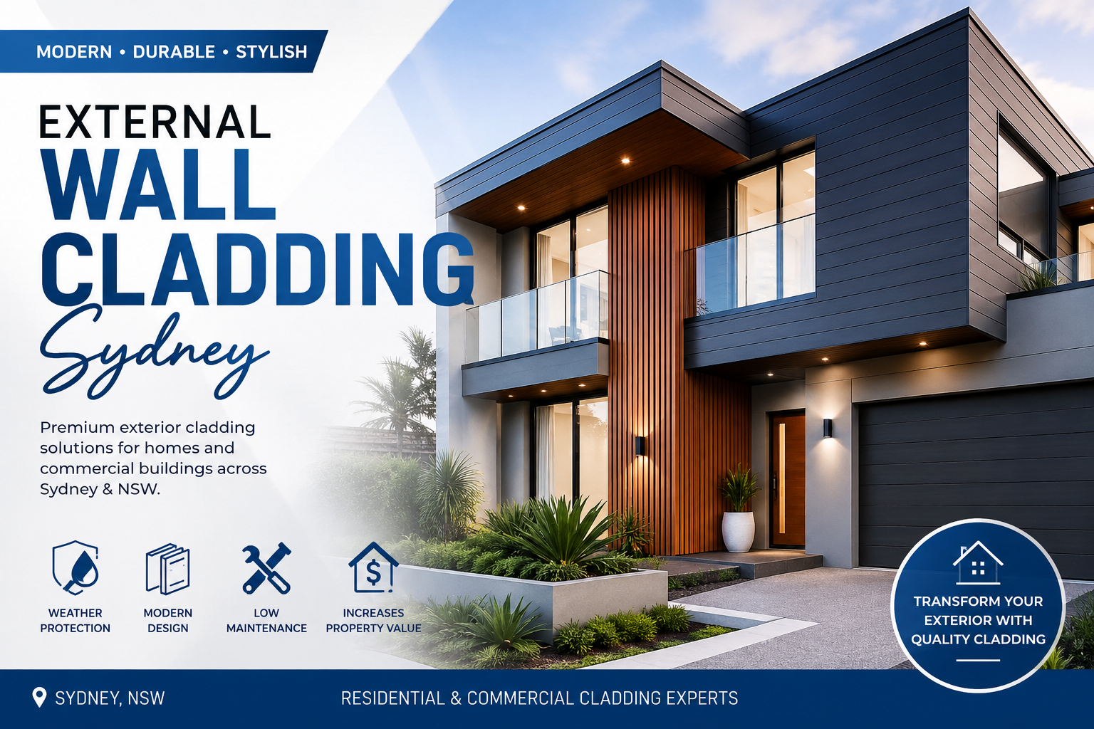 Modern external wall cladding Sydney banner featuring a luxury contemporary home with dark exterior panels, timber accents, and bold blue typography promoting premium residential and commercial cladding solutions in NSW.