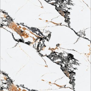 Imperial White Gold Vein UV Marble Sheet with a bright white surface and flowing black, charcoal and copper-gold veining