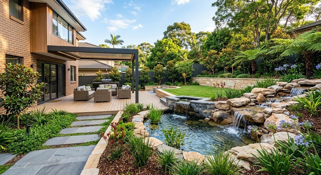 Landscaping and Water Features Sydney 5 A modern Sydney backyard combines timber decking, stone paving, and a cascading water feature beside lush planting and outdoor seating under a pergola.