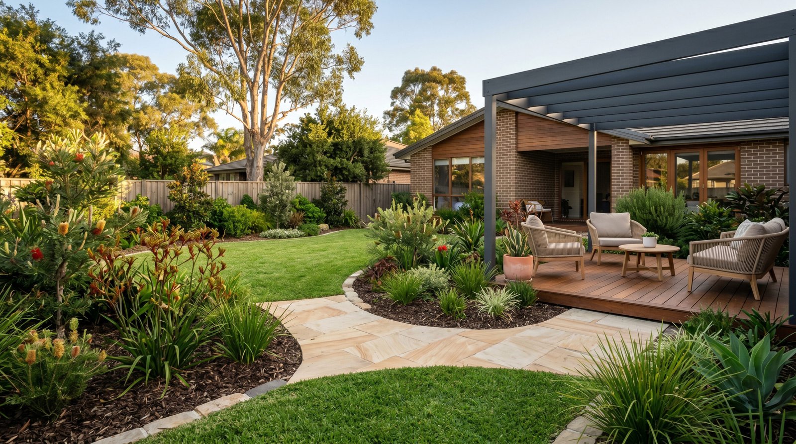 Professional landscaping in Mount Druitt featuring modern backyard design with green lawn, stone pathways, and outdoor seating area