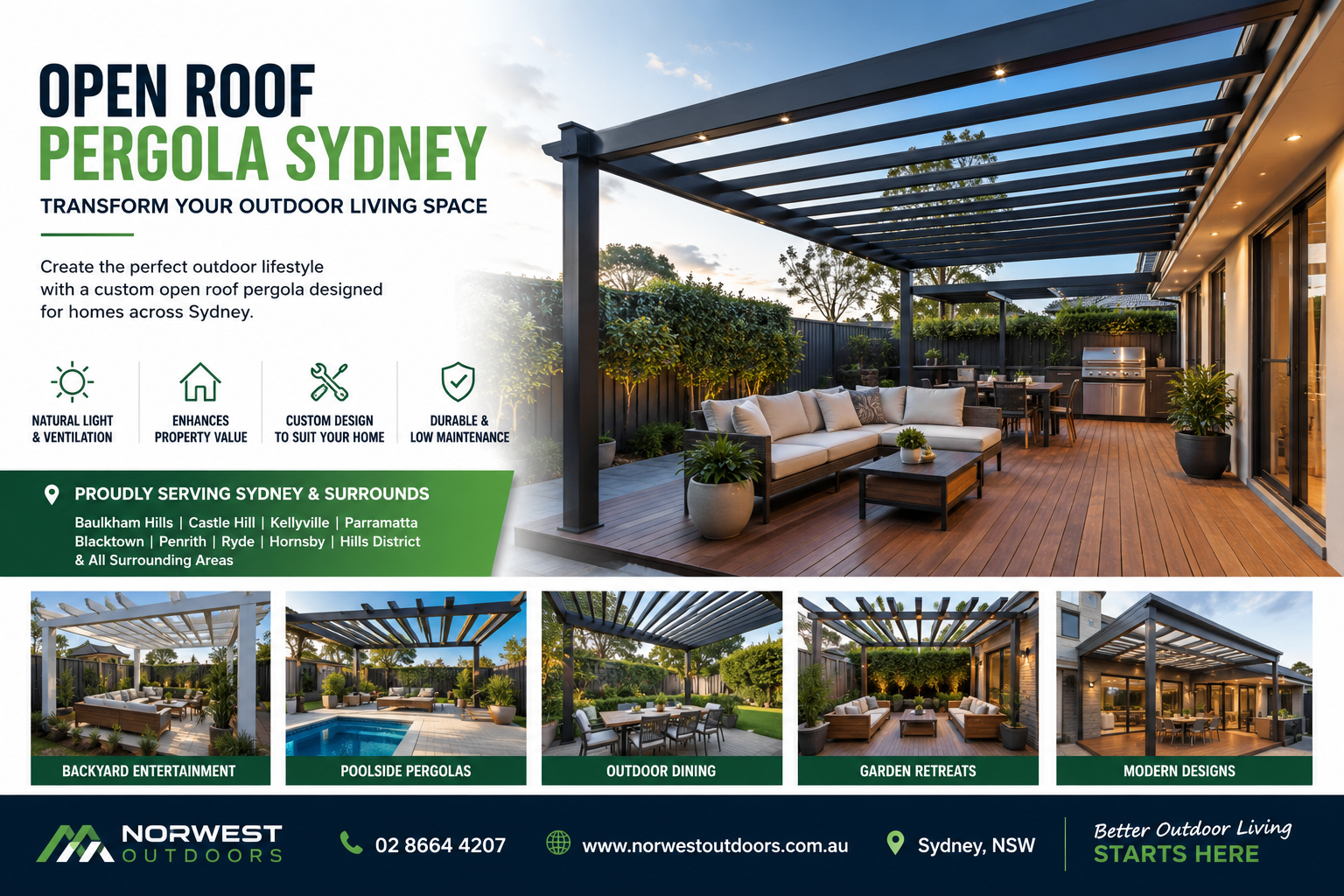 7 A modern open roof pergola in Sydney frames an outdoor lounge, dining area and barbecue beneath dark beams beside a contemporary home at dusk.