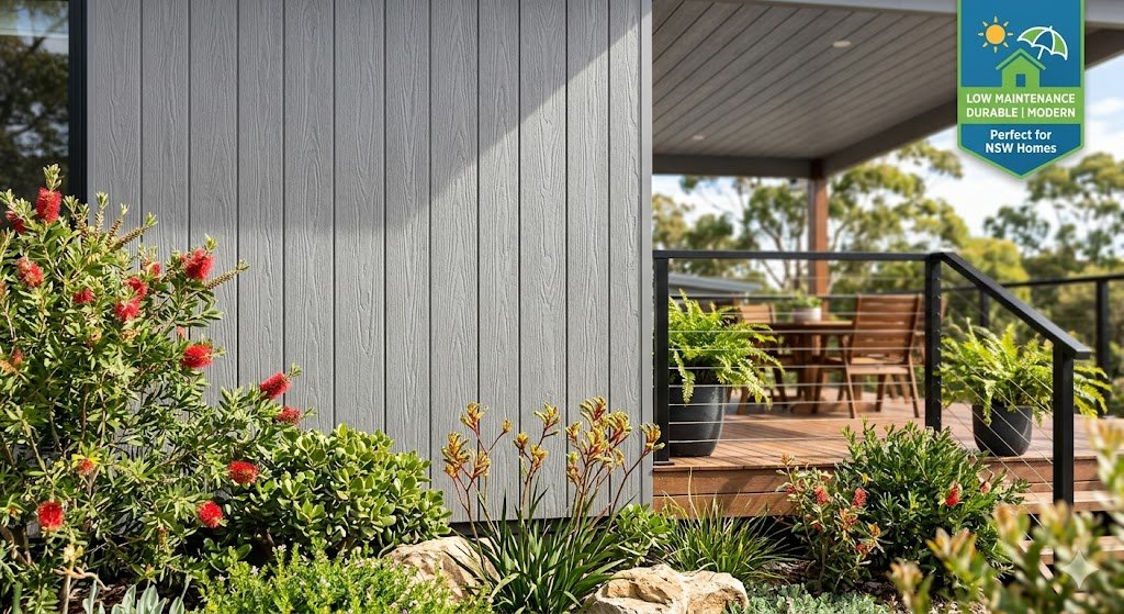 Grey woodgrain outdoor PVC cladding in NSW with vertical wall panels on a modern facade, plus garden landscaping and alfresco deck outdoor living area.