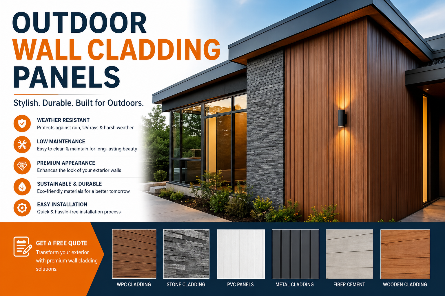 Modern outdoor wall cladding panels installed on a luxury contemporary house exterior with stylish wood, stone, and metal wall finishes.