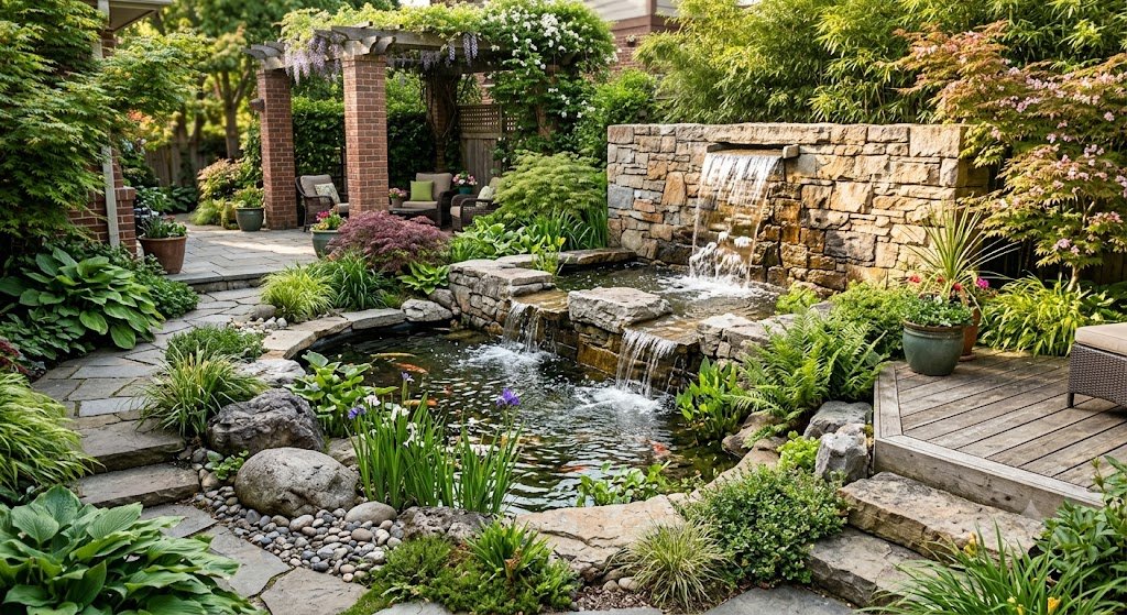 Outdoor Water Feature Designs 2 A stone waterfall and pond anchor a lush garden water feature with layered masonry and dense planting.