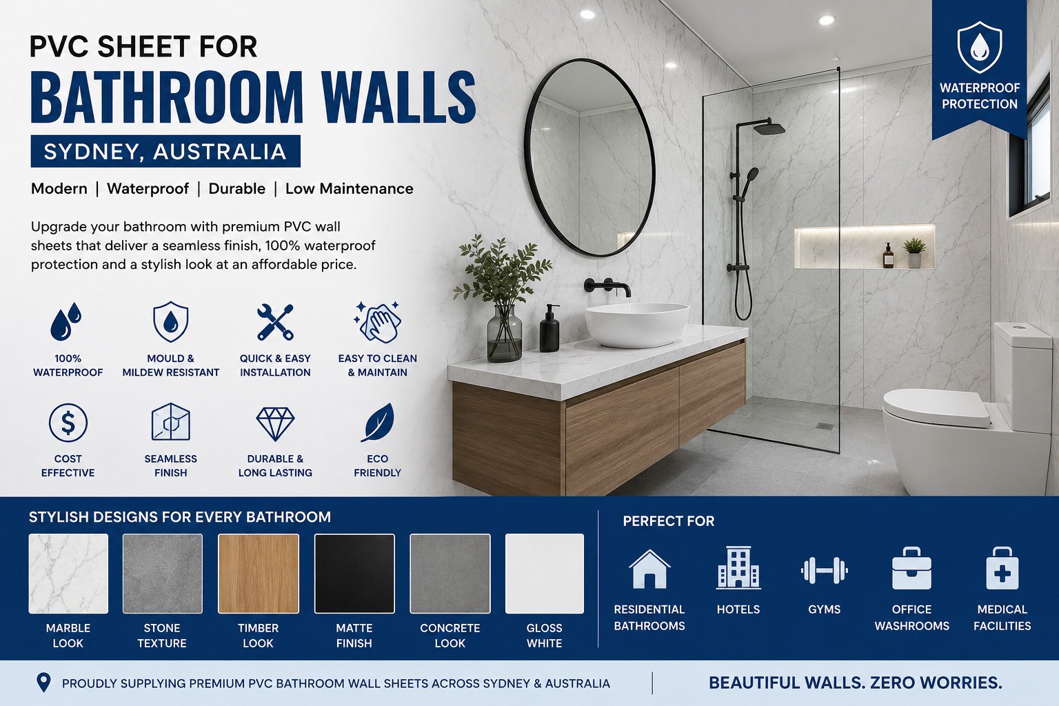Marble-look waterproof PVC bathroom wall sheets for Sydney bathrooms, with a seamless white finish and modern low-maintenance wall-panel design.
