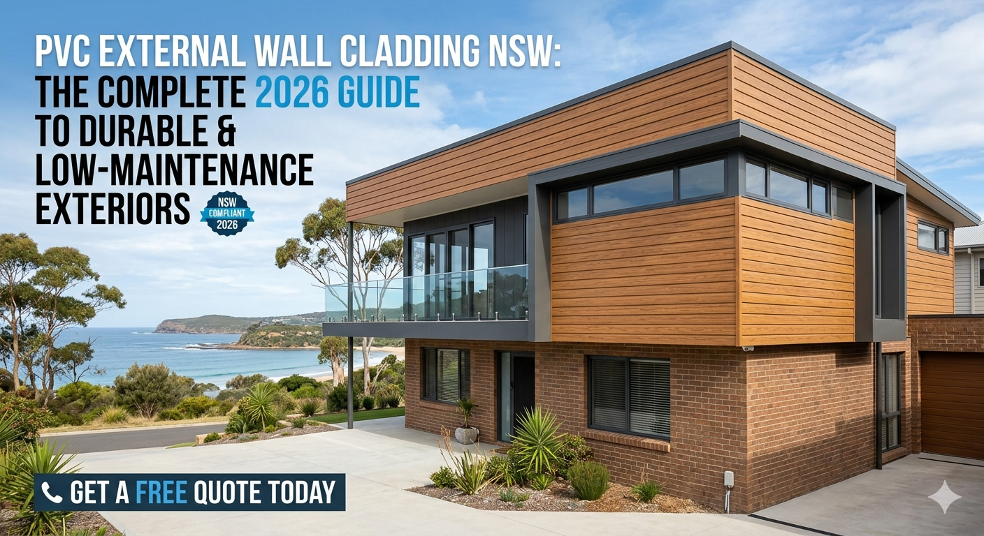 Durable, low-maintenance exterior featuring PVC external wall cladding NSW in the 2026 guide, with brown wood-grain uPVC panels on a modern brick facade.