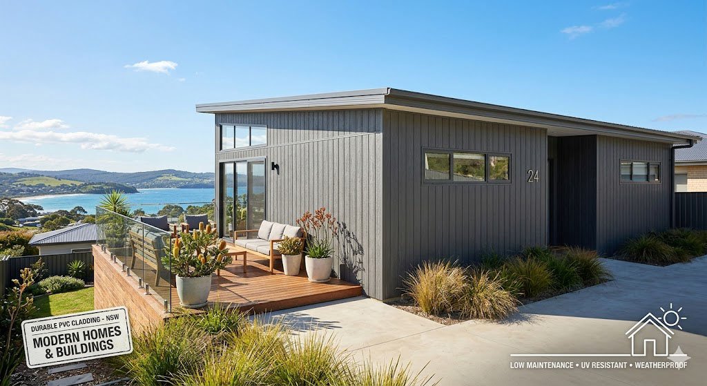 Grey PVC external wall cladding in NSW on a modern home, with “Durable PVC Cladding - NSW” signage and UV resistant weatherproof low-maintenance finish.