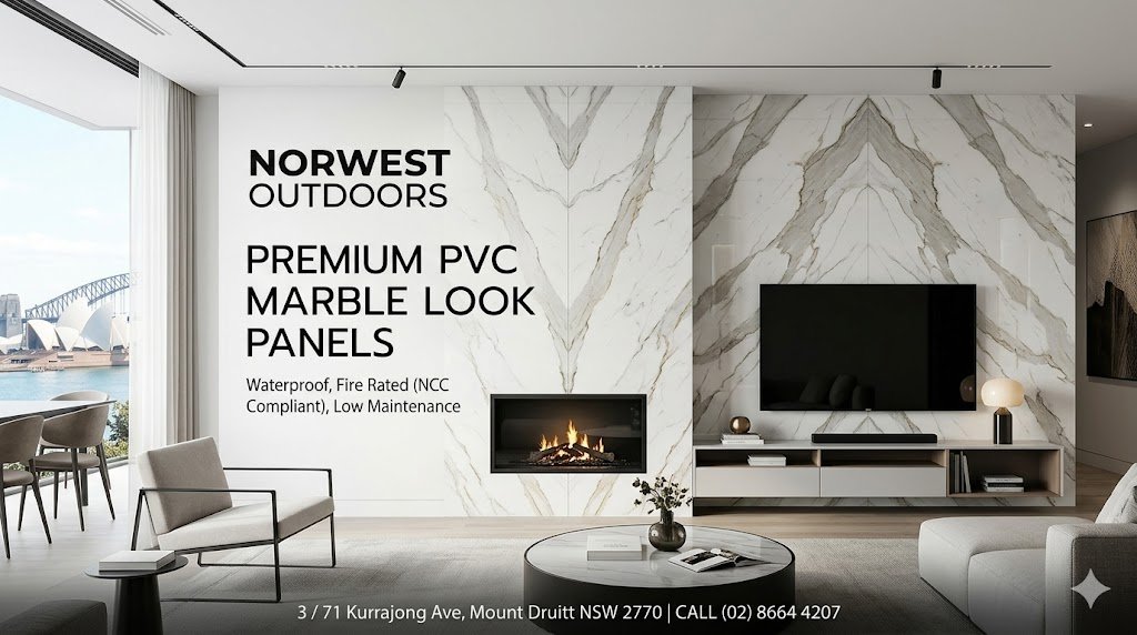 Premium PVC marble look panels with white marble veining and an HD mirror finish from Norwest Outdoors, UV-coated for waterproof and fire-rated interiors.