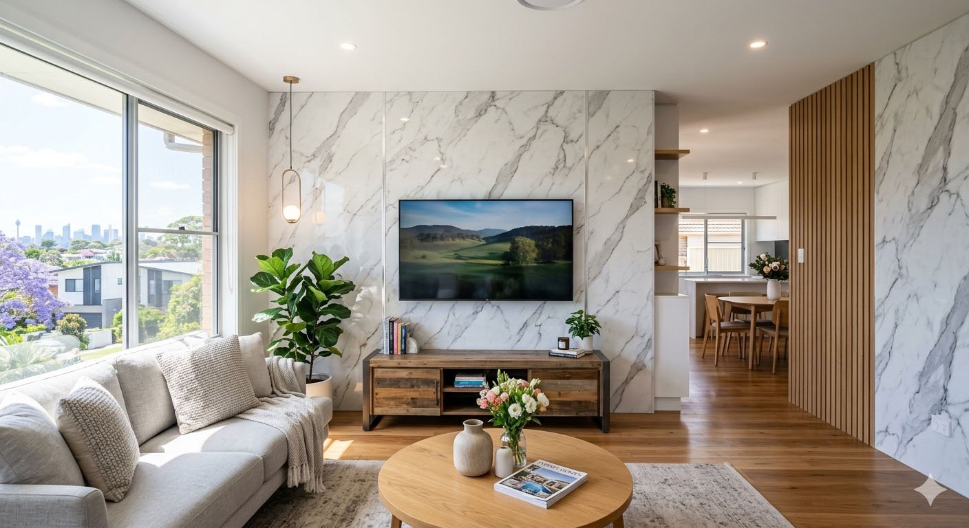 PVC Marble Wall Panels Sydney interior with white marble veining on a modern TV feature wall, light wood flooring, and soft daylight living room finish