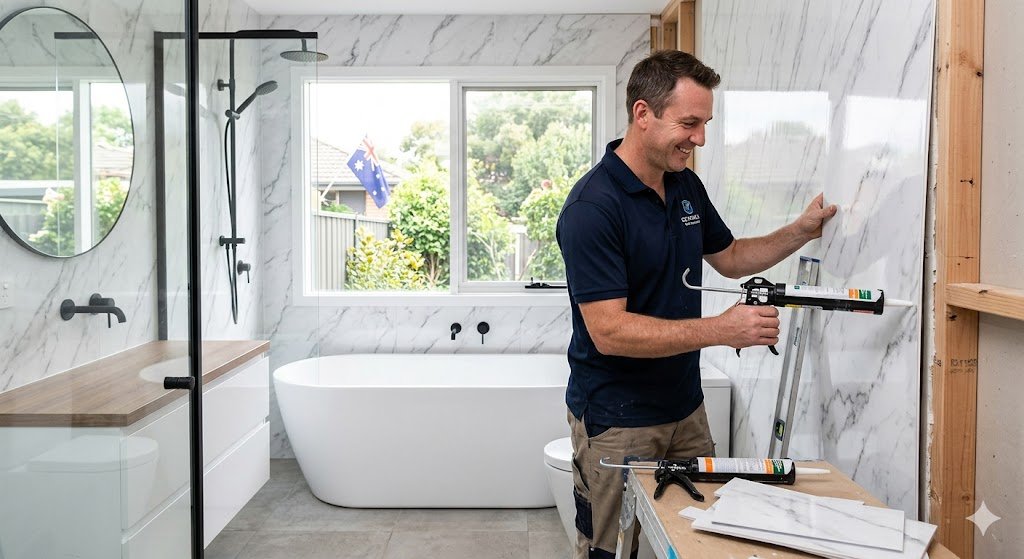 PVC wall panel installation in Australia with white marble-look bathroom sheets, as an installer measures a panel next to a freestanding bathtub.