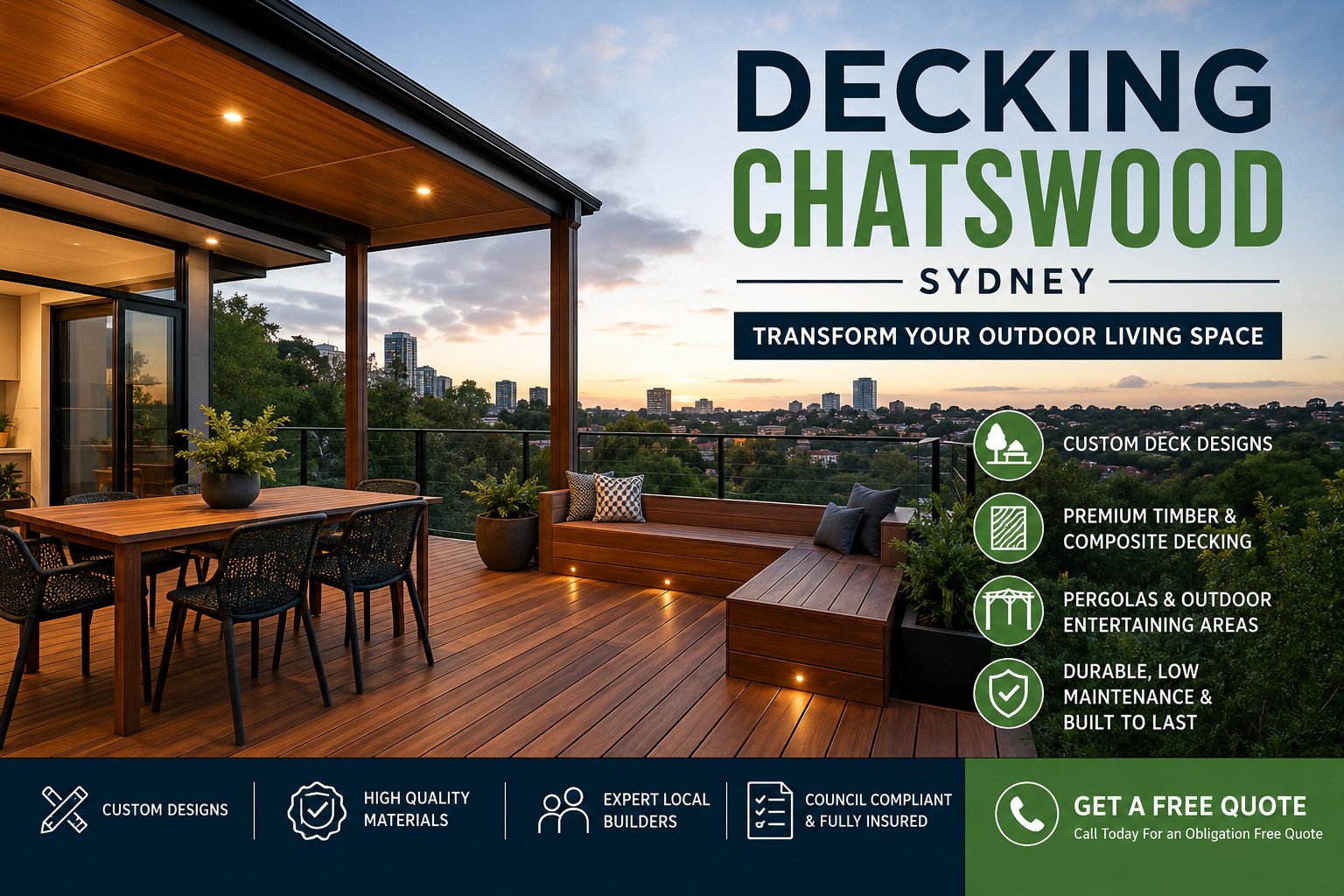 At sunset, a Chatswood Sydney decking project shows a spacious timber outdoor entertaining area with custom pergola, seating, and city views.