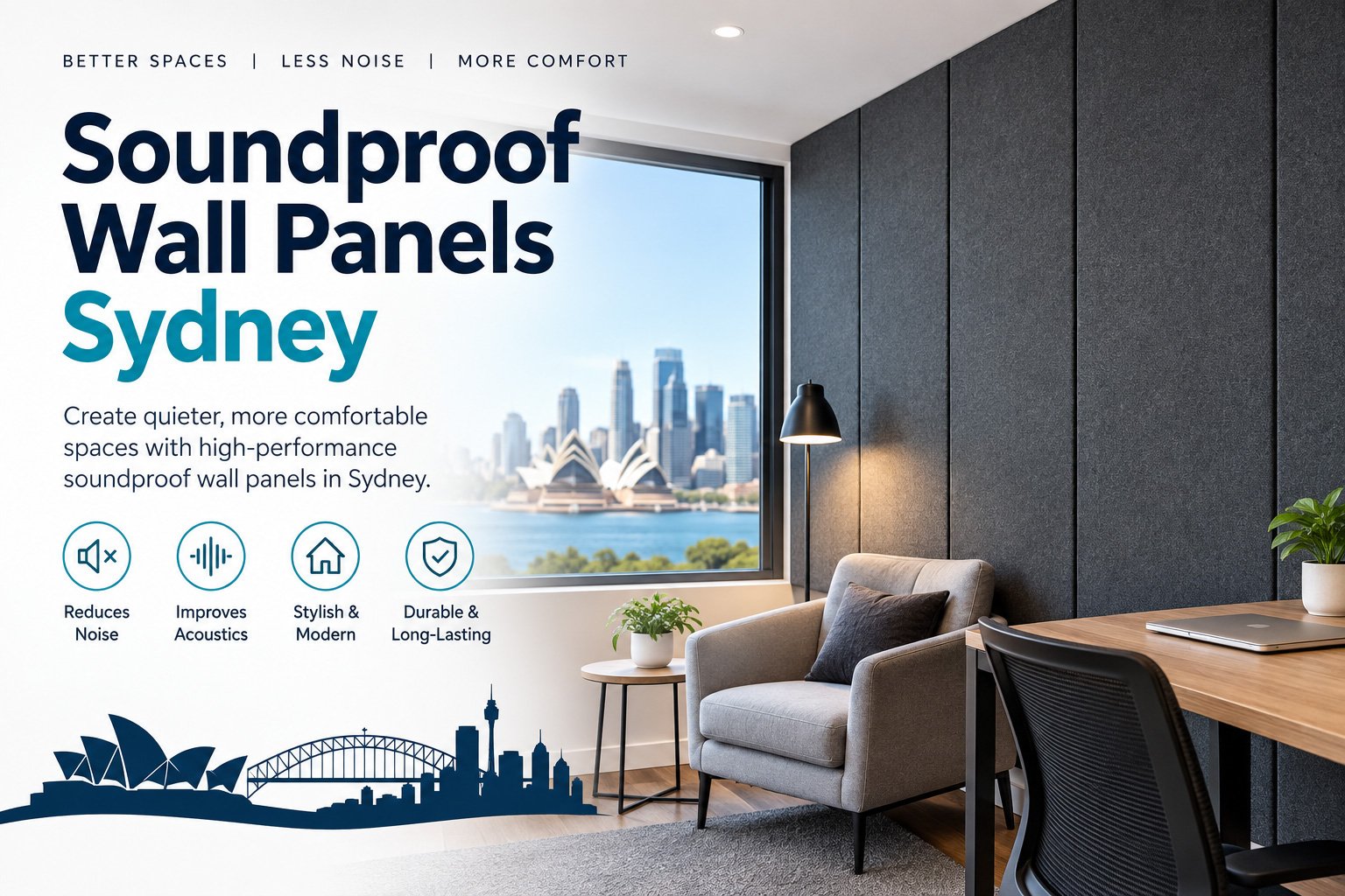 Soundproof Wall Panels Sydney 5 Modern Sydney office with dark acoustic wall panels, a desk and chair beside a window overlooking the Opera House skyline