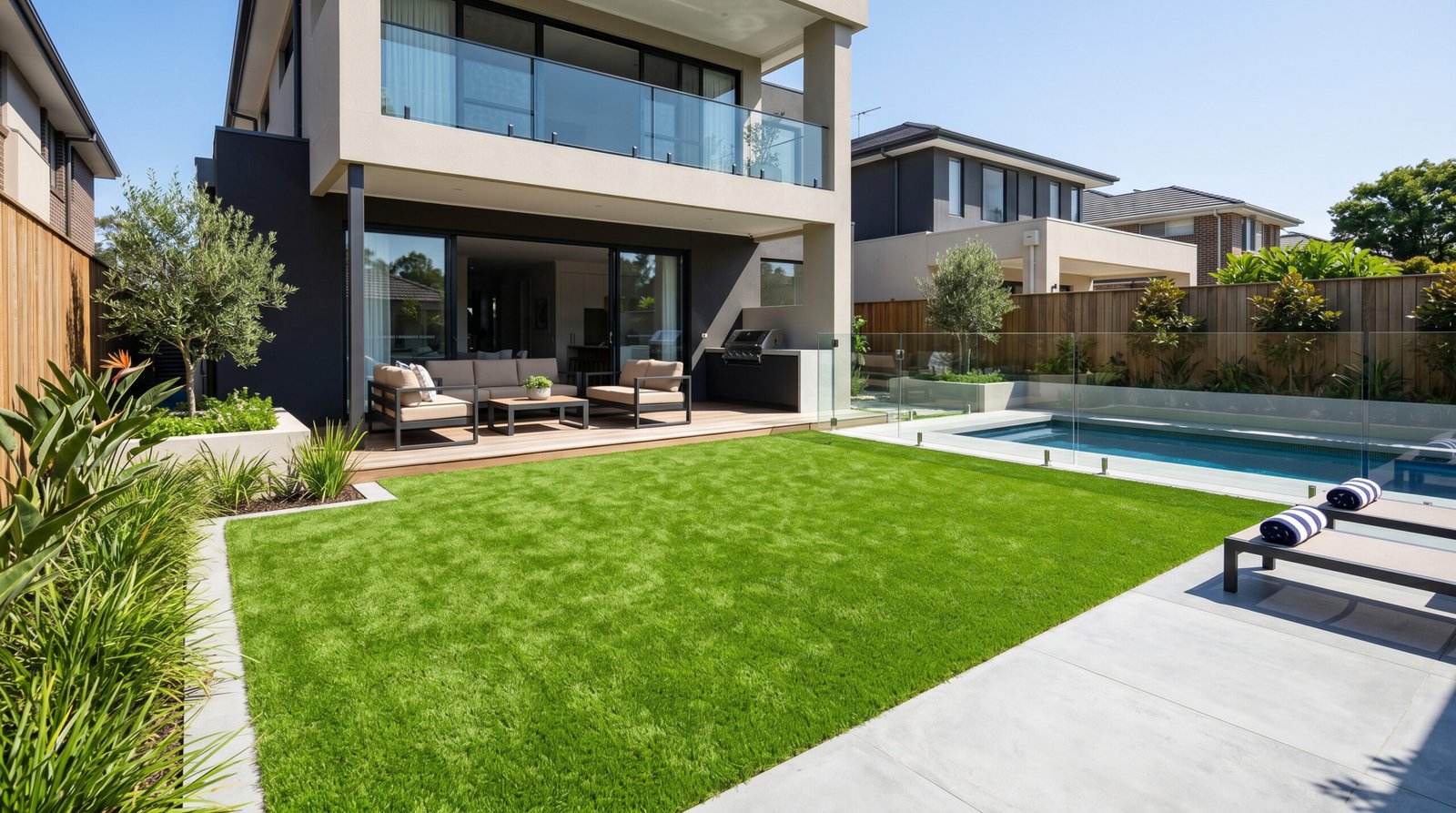 Premium synthetic grass installation in a modern Sydney backyard with lush green artificial turf.