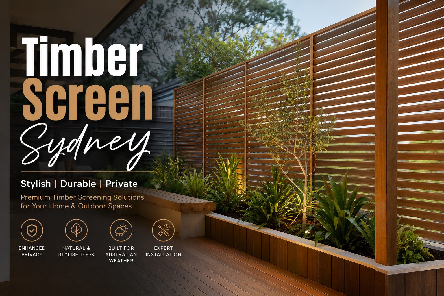 Modern Timber Screen Sydney installation for outdoor privacy, stylish backyard screening, decorative timber battens, and contemporary outdoor living spaces in Sydney.