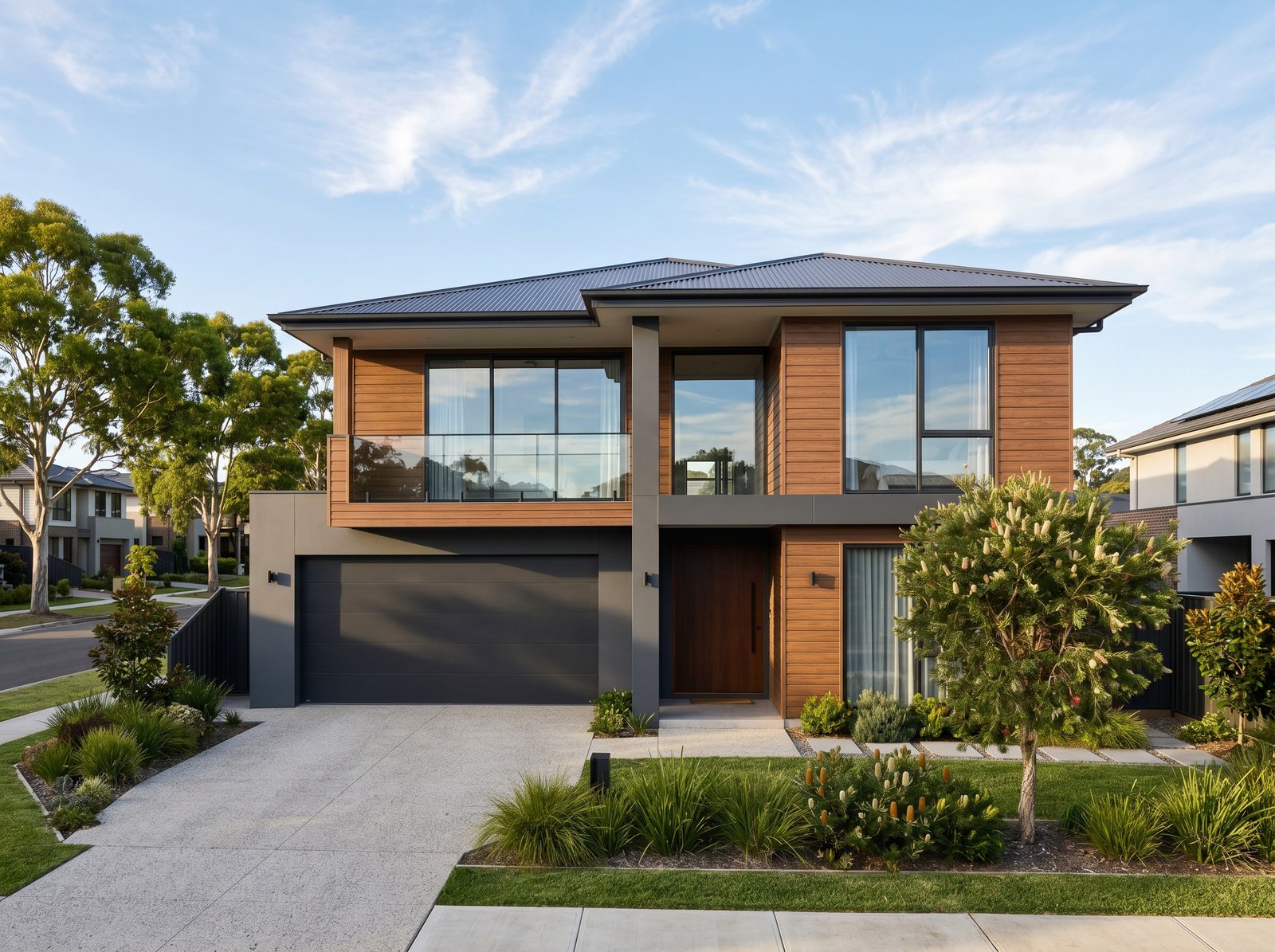 Modern two-story house featuring horizontal wood-look vinyl cladding, a grey double garage, and a glass balcony under a clear blue sky.