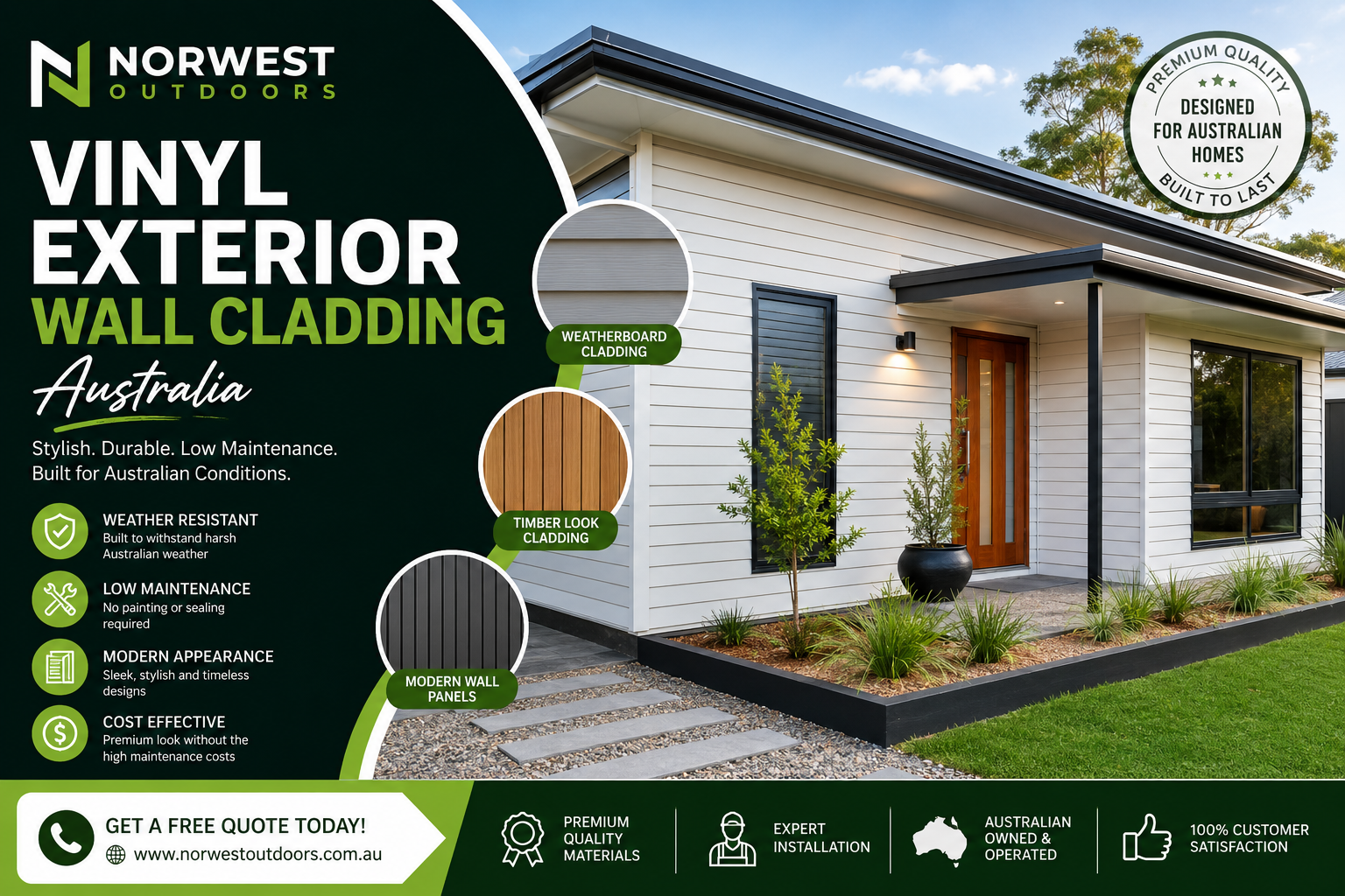 Modern Australian home featuring premium vinyl exterior wall cladding by Norwest Outdoors with weatherboard, timber-look, and modern wall panel designs.
