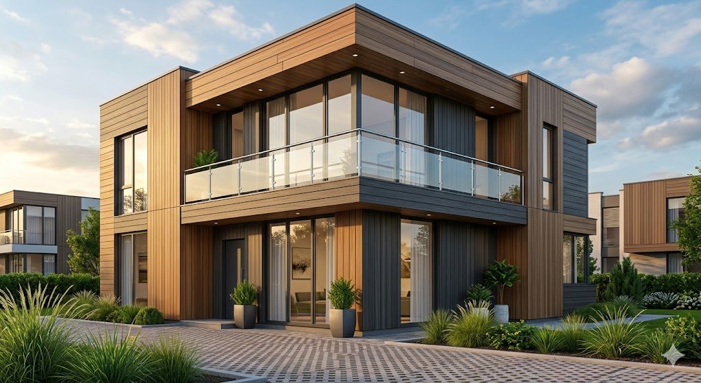 Modern luxury villa exterior featuring premium walnut WPC facade panels and glass balconies.