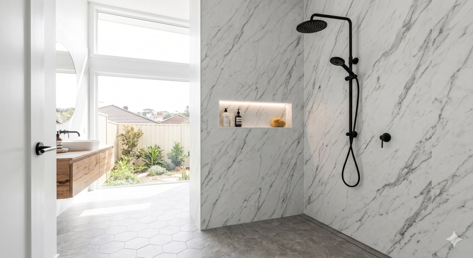 Luxury bathroom in Sydney featuring waterproof marble-texture PVC wall sheets and matte black fixtures, showing a seamless and grout-free modern renovation.