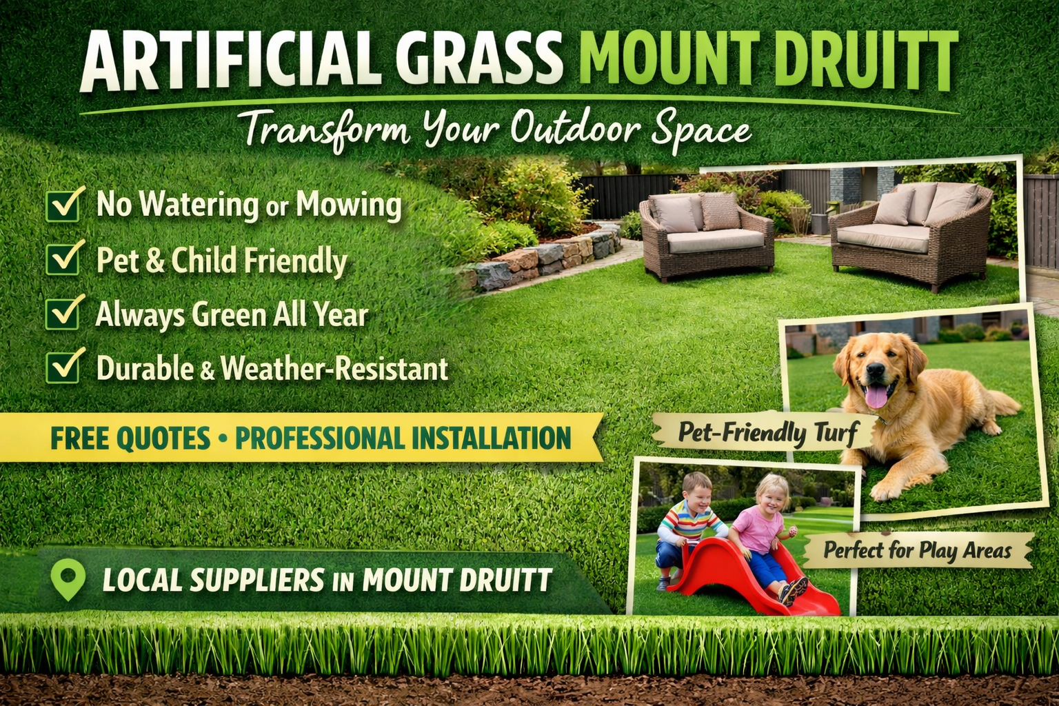 "Premium artificial grass installation in Mount Druitt for pets and children's play areas.
