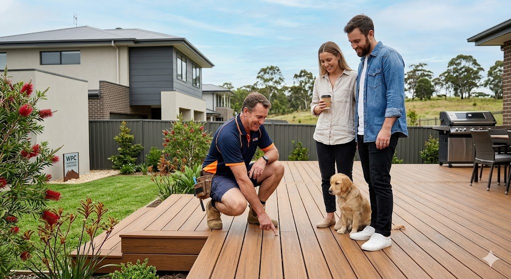Modern outdoor timber-brown WPC decking with installers and homeowners in Australia, creating a clean wood-grain look beside a suburban home