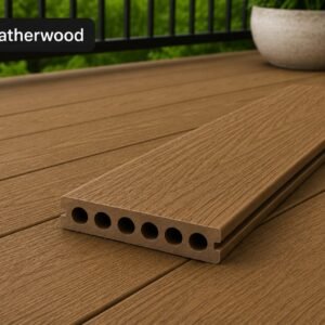 A hollow WPC Decking board in Leatherwood shows a warm timber look with a wood-grain finish and hidden fix profile on an outdoor surface.
