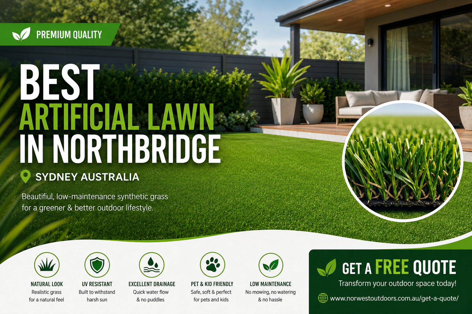 Premium artificial lawn in Northbridge Sydney Australia with natural-looking green synthetic grass beside modern outdoor seating and garden plants.