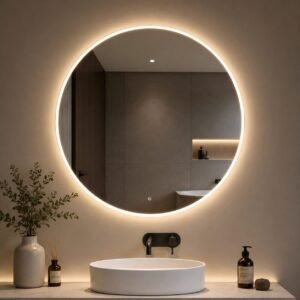 A round decorative LED mirror casts a warm glow over a modern bathroom vanity with a vessel sink, wall-mounted tap and sleek neutral finishes.
