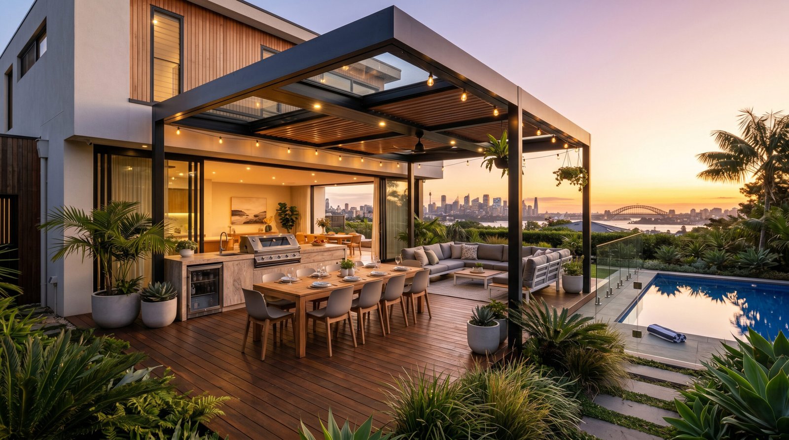 Modern alfresco outdoor living space in Sydney featuring luxury pergola, timber decking, and outdoor kitchen with stylish backyard design