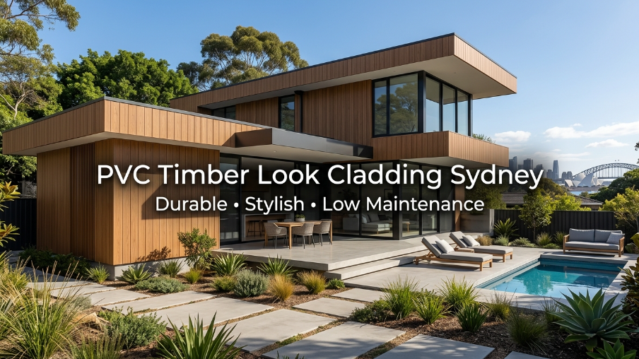 PVC Timber Look Cladding Sydney 9 A modern Sydney home with PVC timber look cladding, wide glass windows, landscaped paving and a pool beside the sunlit outdoor entertaining area.